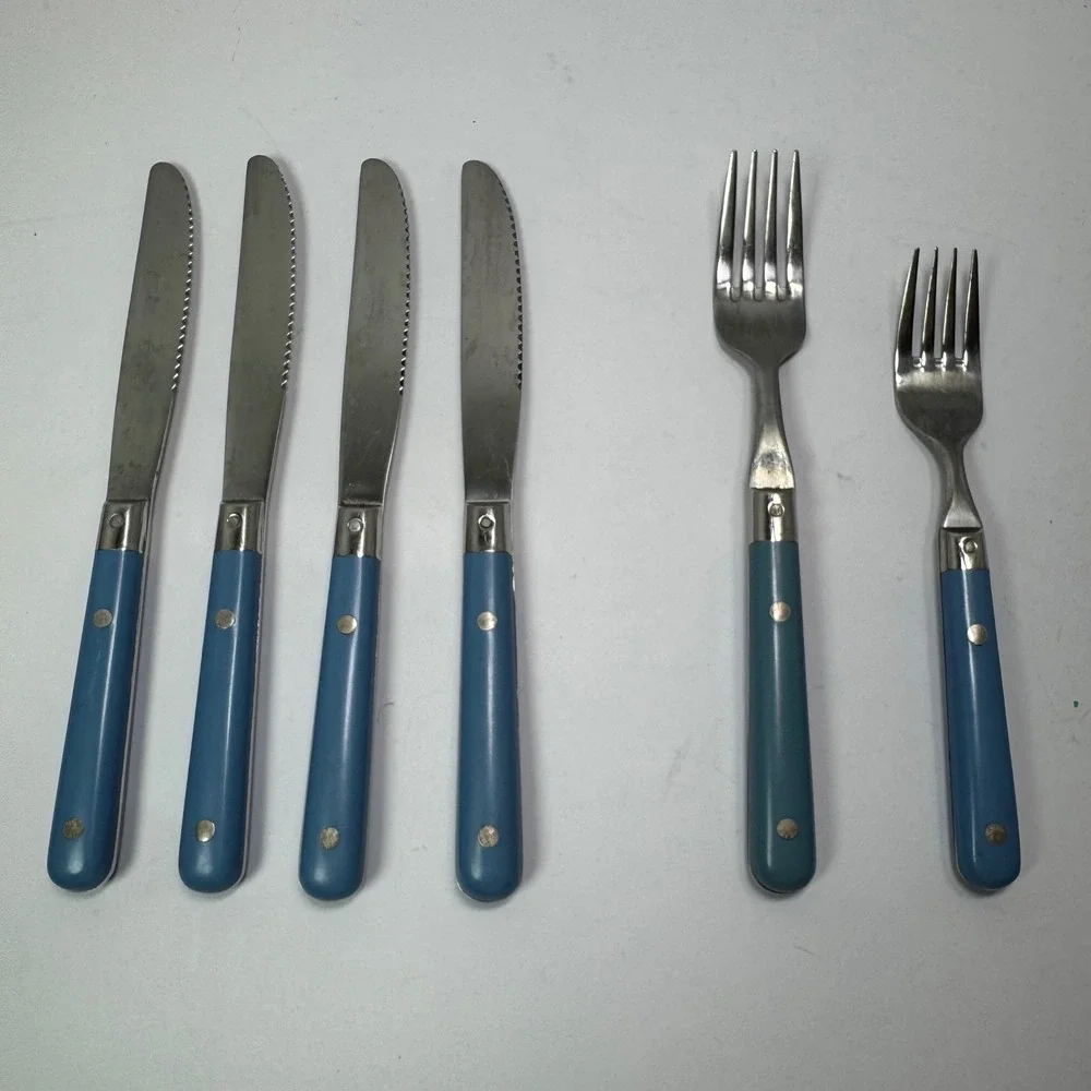 Vintage Stainless Korea 6 Piece Flatware Cutlery Set Incomplete Forks‎ Blue MCM